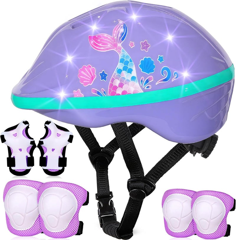 EllaSeek Toddler Helmet, Kids Helmet with LED Lights, Bike Helmets with Toddler Knee Pads and Elbow Pads Set for Kids 3-5-8 Girls Bicycle Scooter Skateboard Helmets - Image 1